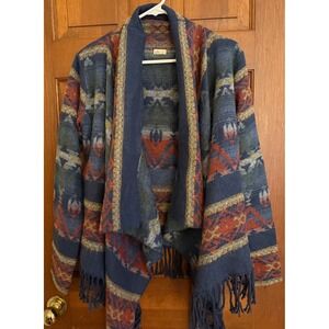Hollister Navajo Blanket Cardigan Sweater Women S Blue Open Front Western Fringe